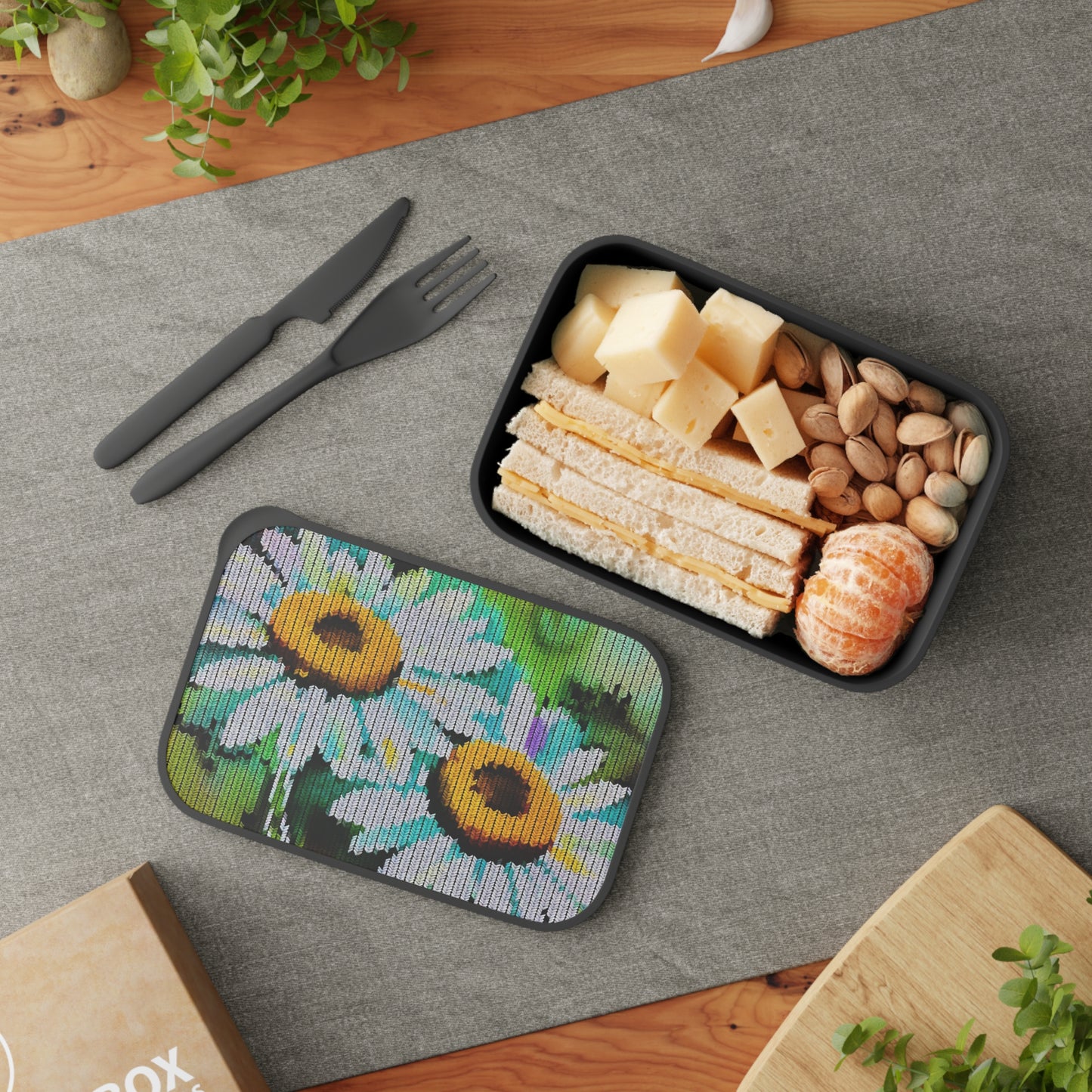 PLA Bento Box with Band and Utensils: BALEIJO Knitastic Daisies Collection 02