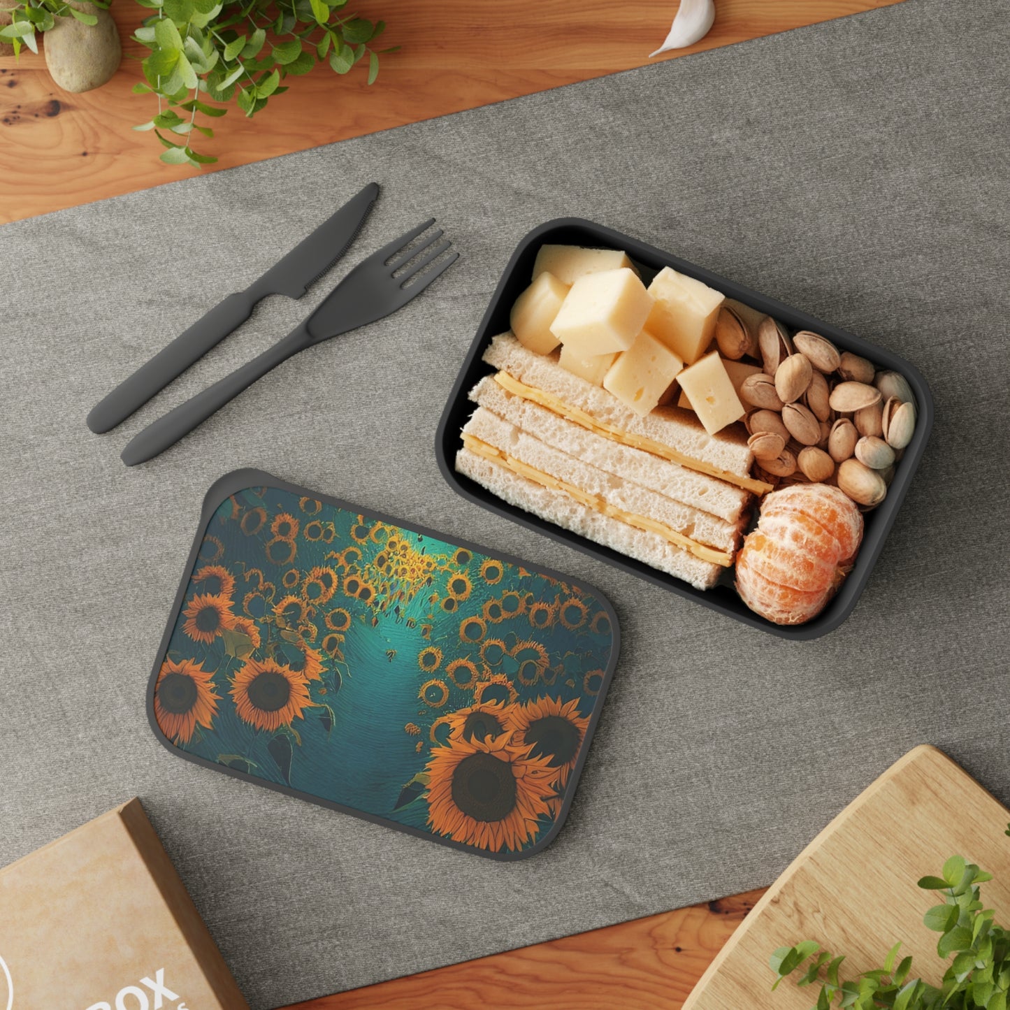 PLA Bento Box with Band and Utensils: BALEIJO Walk Among the Sunflowers Collection