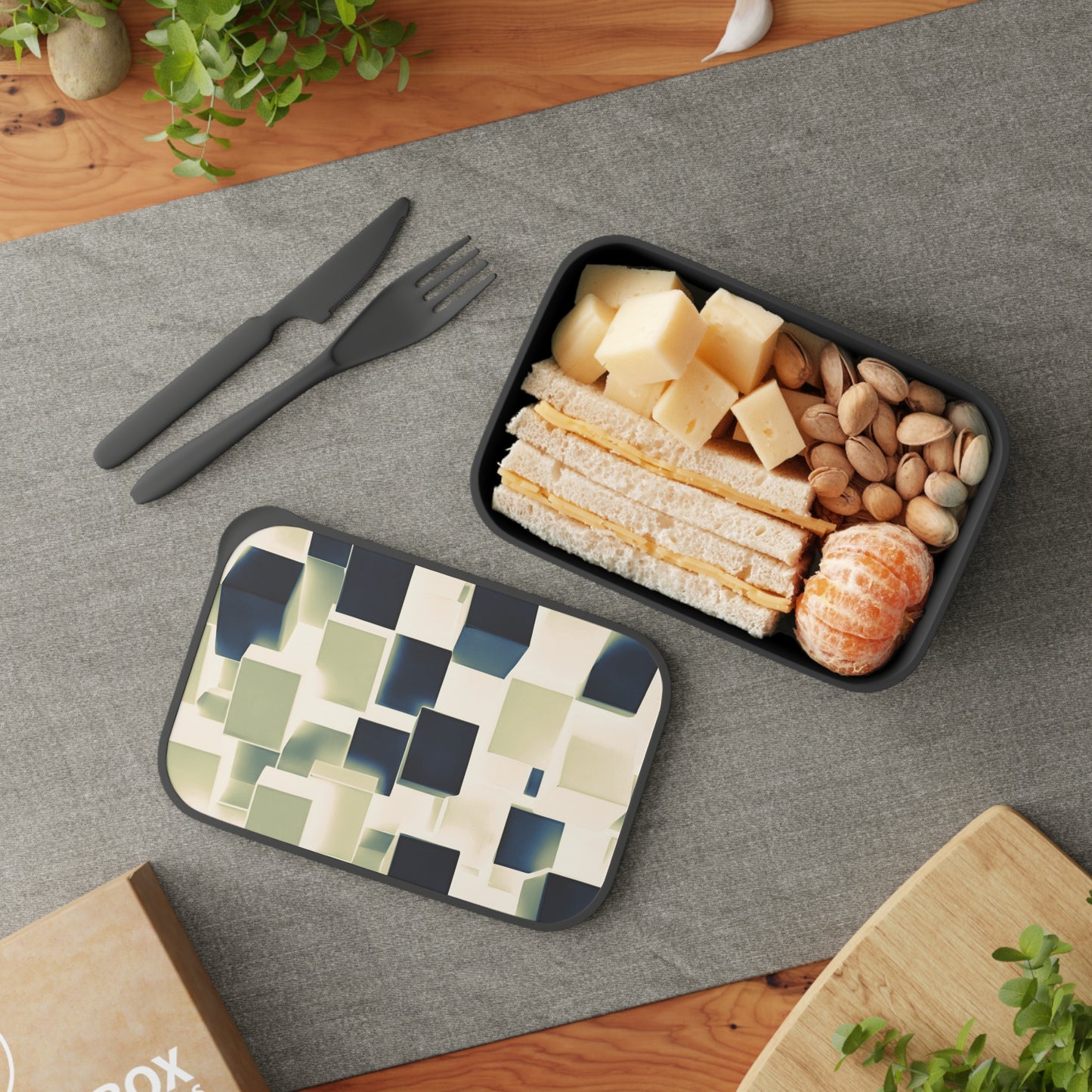 PLA Bento Box with Band and Utensils: BALEIJO Block Pattern Collection 02