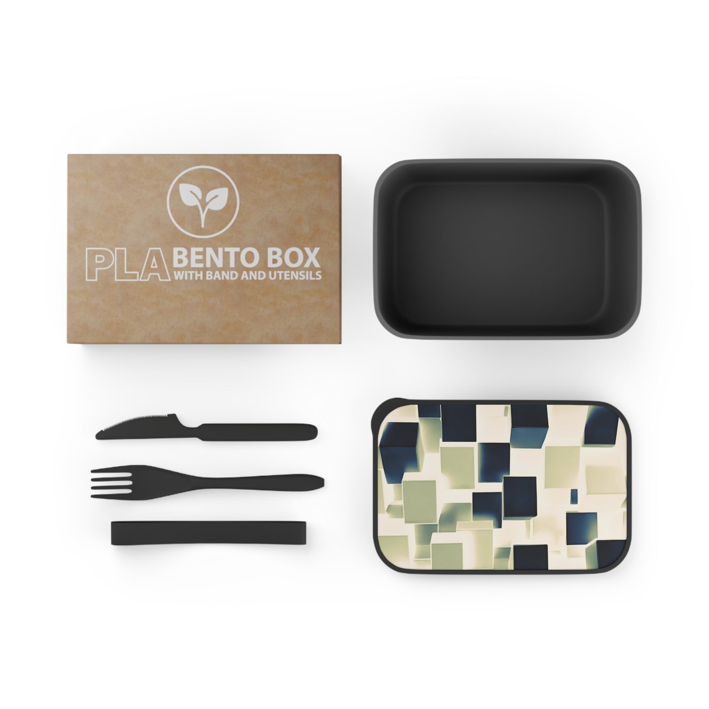 PLA Bento Box with Band and Utensils: BALEIJO Block Pattern Collection 02